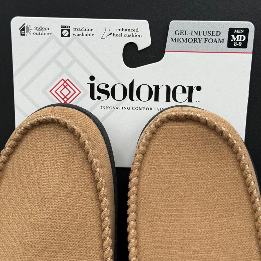 Isotoner Slippers Mens Size‎ M 8-9 Memory Foam Tan Buckskin Sherpa Lining - Picture 3 of 5